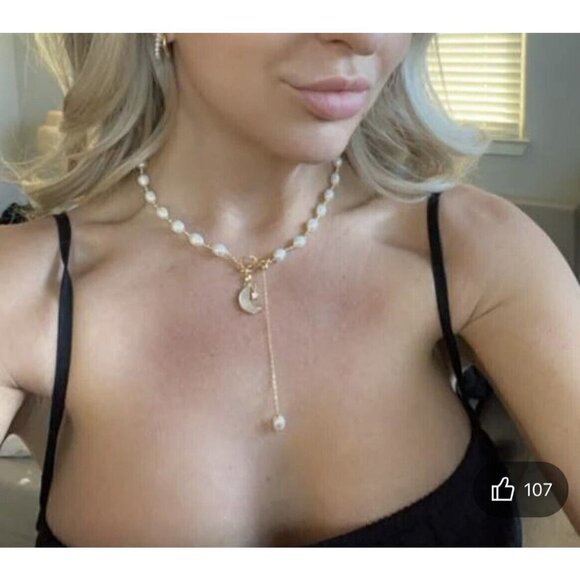 Cultured Pearl Moon Star Charm Necklace OT Buckle White Chain Real Natural - Picture 4 of 10